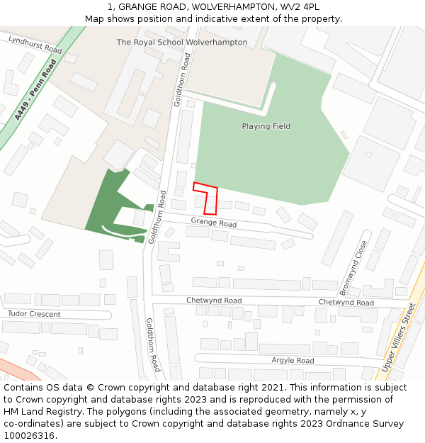 1, GRANGE ROAD, WOLVERHAMPTON, WV2 4PL: Location map and indicative extent of plot