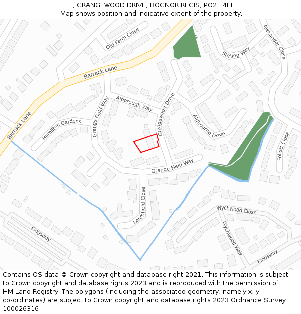 1, GRANGEWOOD DRIVE, BOGNOR REGIS, PO21 4LT: Location map and indicative extent of plot