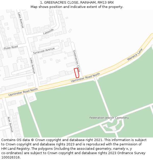 1, GREENACRES CLOSE, RAINHAM, RM13 9RX: Location map and indicative extent of plot