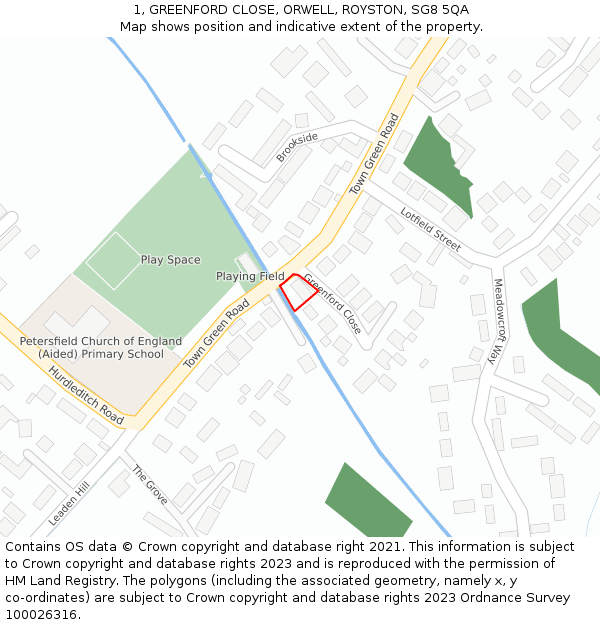 1, GREENFORD CLOSE, ORWELL, ROYSTON, SG8 5QA: Location map and indicative extent of plot