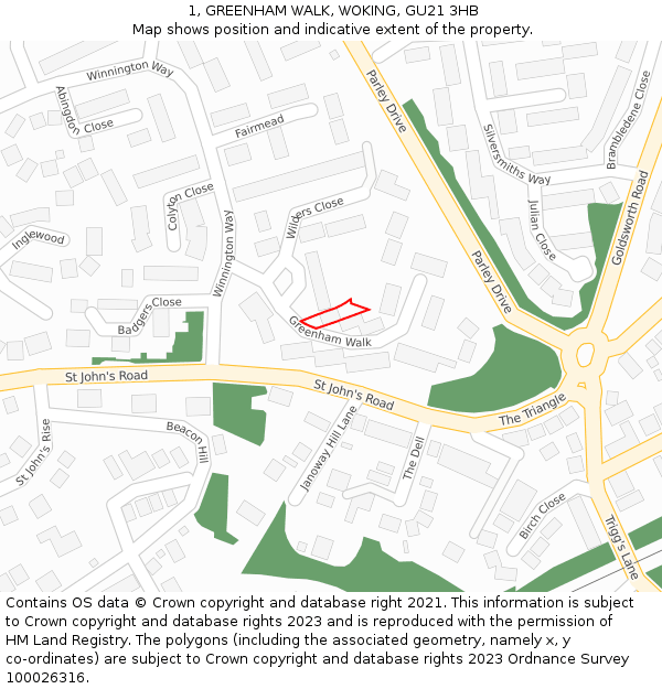 1, GREENHAM WALK, WOKING, GU21 3HB: Location map and indicative extent of plot