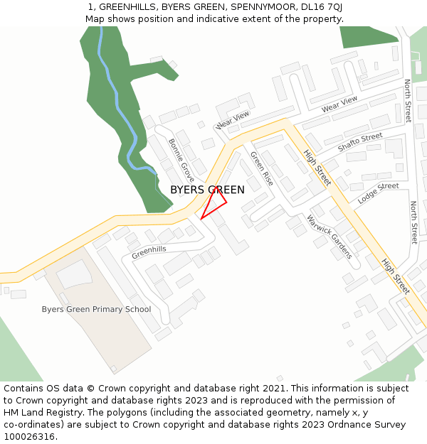 1, GREENHILLS, BYERS GREEN, SPENNYMOOR, DL16 7QJ: Location map and indicative extent of plot