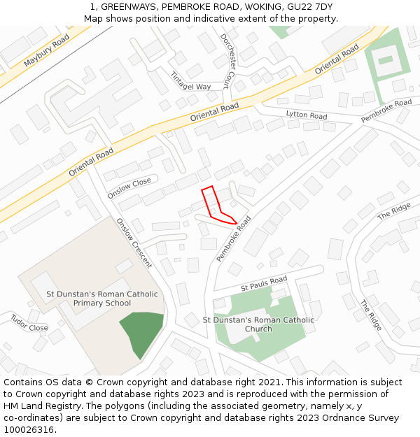 1, GREENWAYS, PEMBROKE ROAD, WOKING, GU22 7DY: Location map and indicative extent of plot