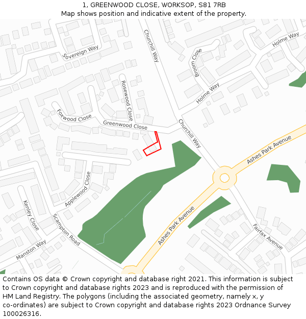 1, GREENWOOD CLOSE, WORKSOP, S81 7RB: Location map and indicative extent of plot