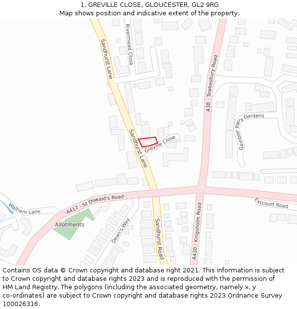 1, GREVILLE CLOSE, GLOUCESTER, GL2 9RG: Location map and indicative extent of plot