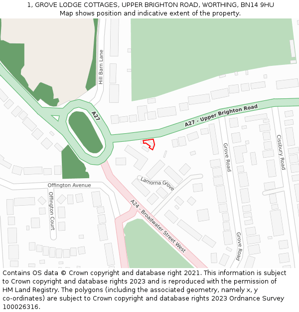 1, GROVE LODGE COTTAGES, UPPER BRIGHTON ROAD, WORTHING, BN14 9HU: Location map and indicative extent of plot