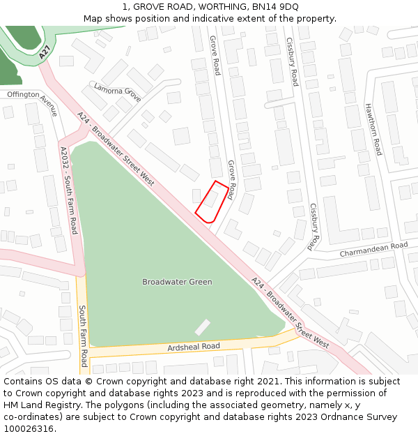 1, GROVE ROAD, WORTHING, BN14 9DQ: Location map and indicative extent of plot