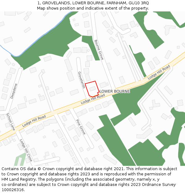 1, GROVELANDS, LOWER BOURNE, FARNHAM, GU10 3RQ: Location map and indicative extent of plot