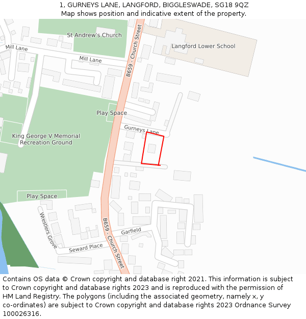 1, GURNEYS LANE, LANGFORD, BIGGLESWADE, SG18 9QZ: Location map and indicative extent of plot