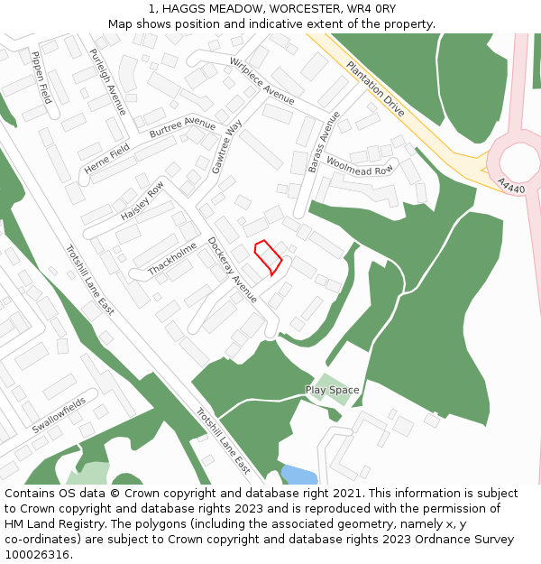 1, HAGGS MEADOW, WORCESTER, WR4 0RY: Location map and indicative extent of plot