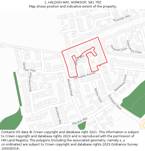 1, HALDON WAY, WORKSOP, S81 7RZ: Location map and indicative extent of plot