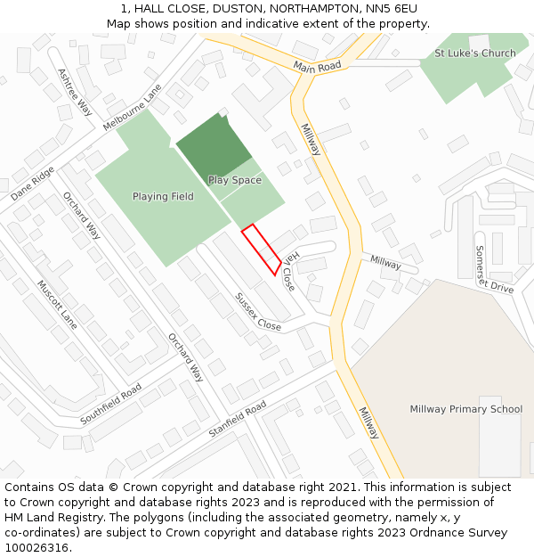 1, HALL CLOSE, DUSTON, NORTHAMPTON, NN5 6EU: Location map and indicative extent of plot