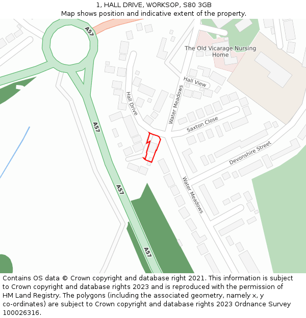 1, HALL DRIVE, WORKSOP, S80 3GB: Location map and indicative extent of plot