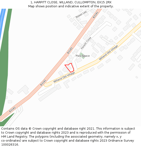 1, HARPITT CLOSE, WILLAND, CULLOMPTON, EX15 2RX: Location map and indicative extent of plot