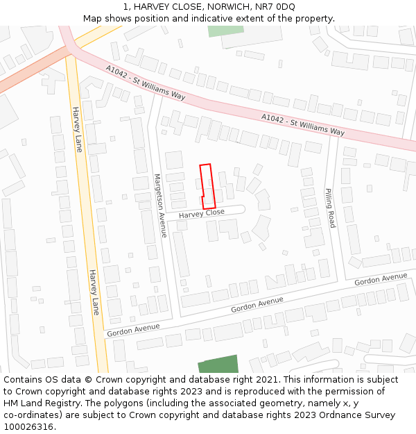 1, HARVEY CLOSE, NORWICH, NR7 0DQ: Location map and indicative extent of plot