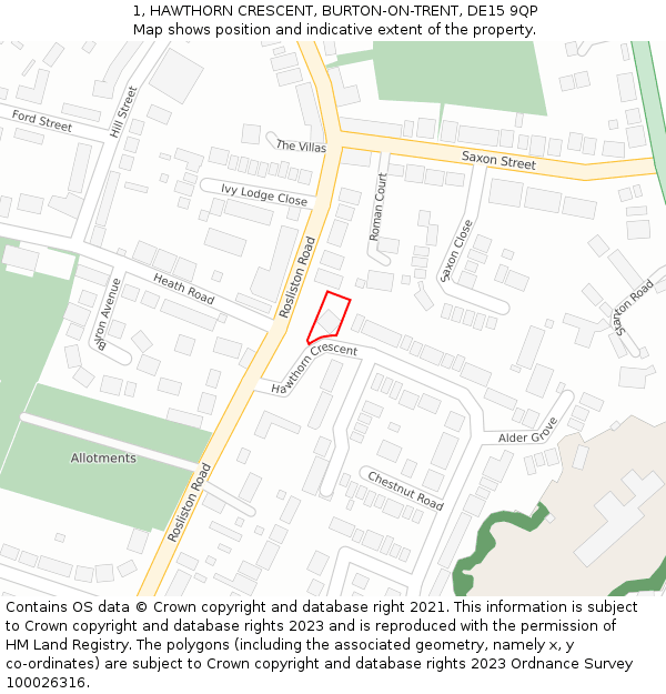 1, HAWTHORN CRESCENT, BURTON-ON-TRENT, DE15 9QP: Location map and indicative extent of plot