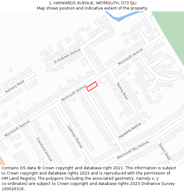 1, HAYWARDS AVENUE, WEYMOUTH, DT3 5JU: Location map and indicative extent of plot