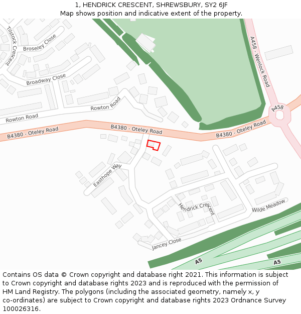 1, HENDRICK CRESCENT, SHREWSBURY, SY2 6JF: Location map and indicative extent of plot