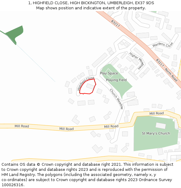 1, HIGHFIELD CLOSE, HIGH BICKINGTON, UMBERLEIGH, EX37 9DS: Location map and indicative extent of plot