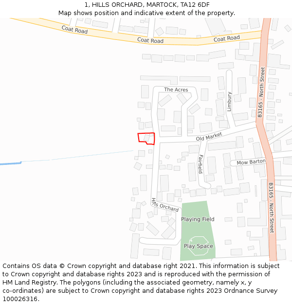 1, HILLS ORCHARD, MARTOCK, TA12 6DF: Location map and indicative extent of plot