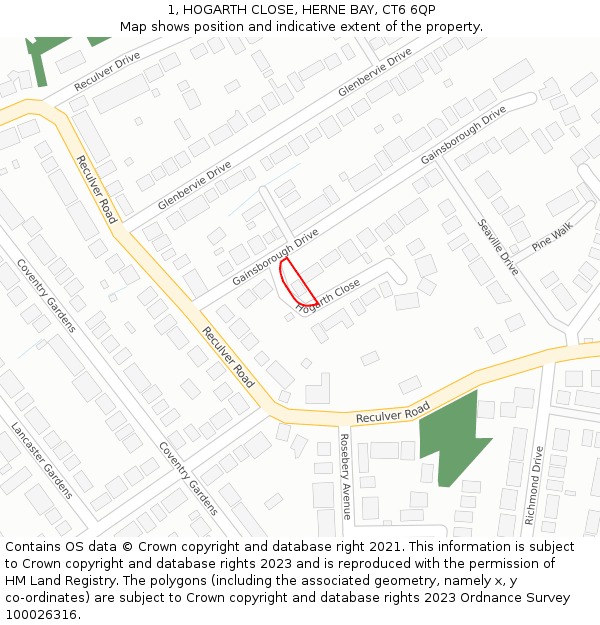 1, HOGARTH CLOSE, HERNE BAY, CT6 6QP: Location map and indicative extent of plot