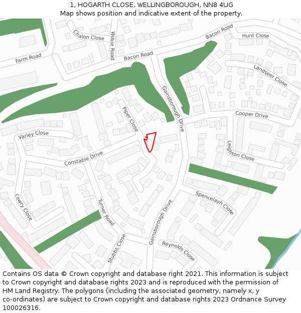 1, HOGARTH CLOSE, WELLINGBOROUGH, NN8 4UG: Location map and indicative extent of plot
