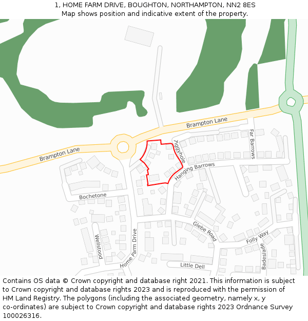 1, HOME FARM DRIVE, BOUGHTON, NORTHAMPTON, NN2 8ES: Location map and indicative extent of plot