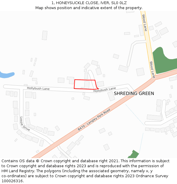 1, HONEYSUCKLE CLOSE, IVER, SL0 0LZ: Location map and indicative extent of plot