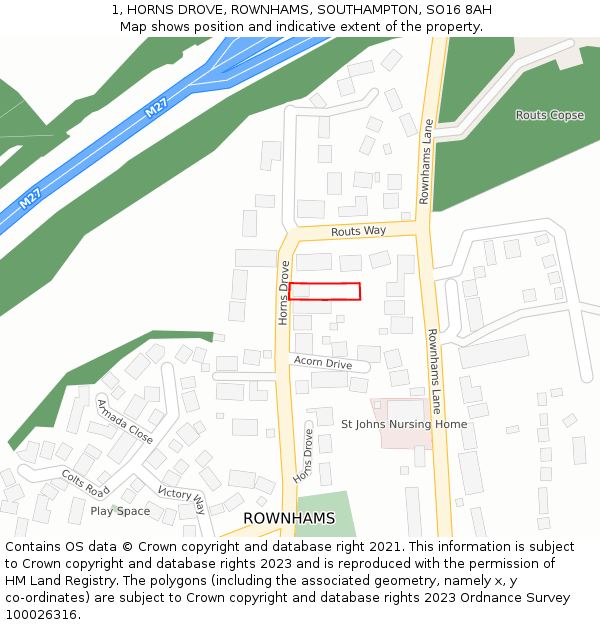 1, HORNS DROVE, ROWNHAMS, SOUTHAMPTON, SO16 8AH: Location map and indicative extent of plot