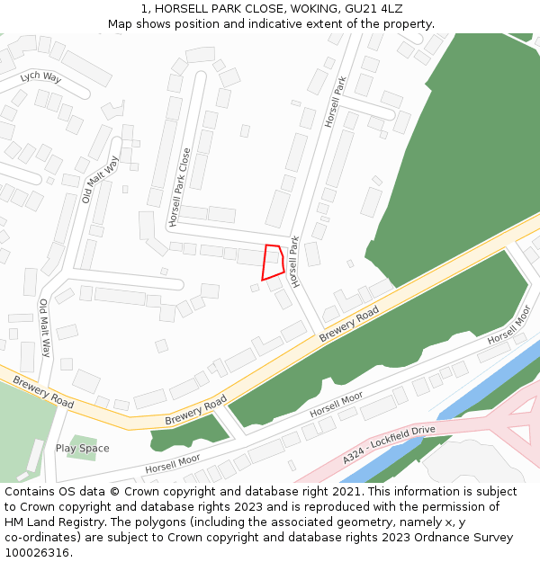 1, HORSELL PARK CLOSE, WOKING, GU21 4LZ: Location map and indicative extent of plot