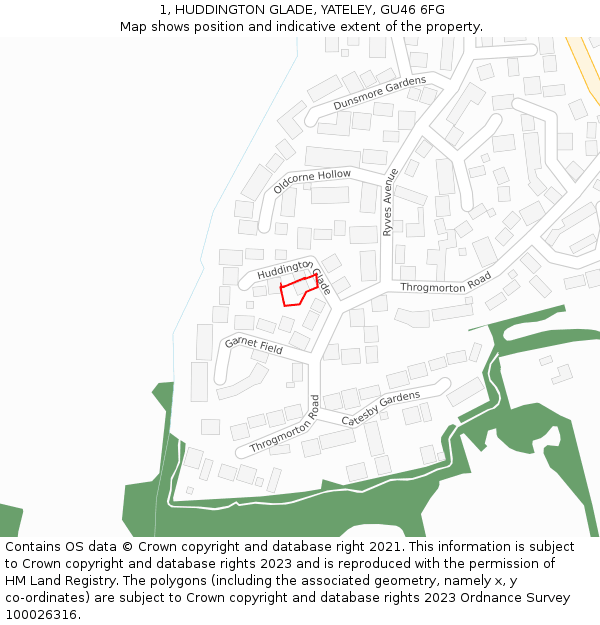 1, HUDDINGTON GLADE, YATELEY, GU46 6FG: Location map and indicative extent of plot