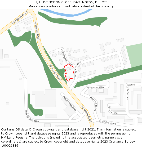 1, HUNTINGDON CLOSE, DARLINGTON, DL1 2EF: Location map and indicative extent of plot