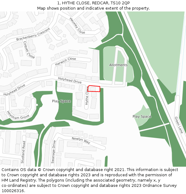 1, HYTHE CLOSE, REDCAR, TS10 2QP: Location map and indicative extent of plot