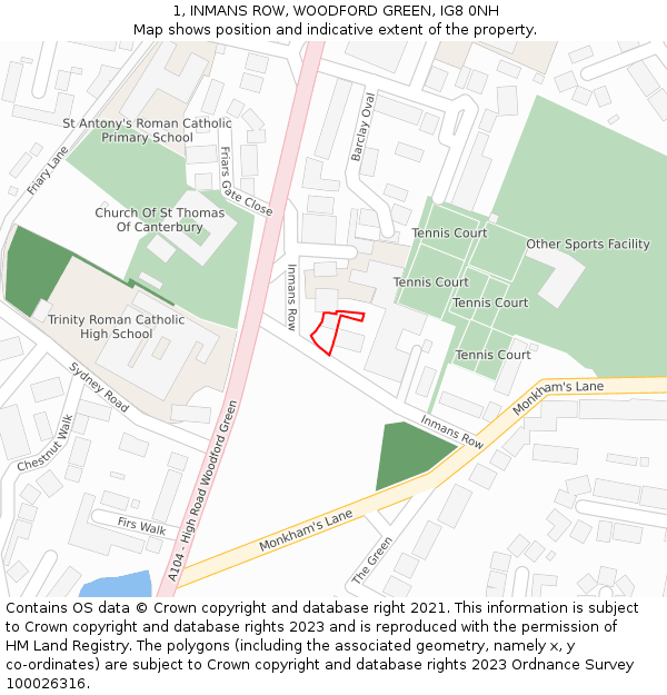 1, INMANS ROW, WOODFORD GREEN, IG8 0NH: Location map and indicative extent of plot