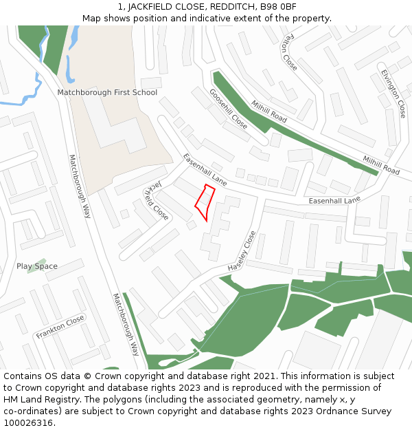 1, JACKFIELD CLOSE, REDDITCH, B98 0BF: Location map and indicative extent of plot