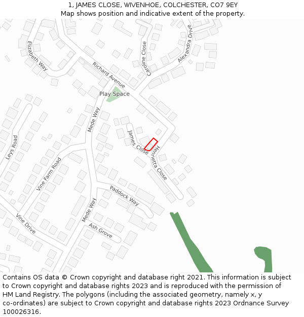 1, JAMES CLOSE, WIVENHOE, COLCHESTER, CO7 9EY: Location map and indicative extent of plot