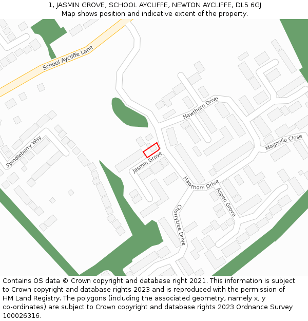 1, JASMIN GROVE, SCHOOL AYCLIFFE, NEWTON AYCLIFFE, DL5 6GJ: Location map and indicative extent of plot
