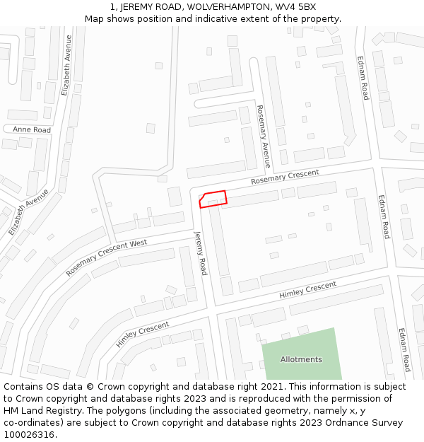 1, JEREMY ROAD, WOLVERHAMPTON, WV4 5BX: Location map and indicative extent of plot