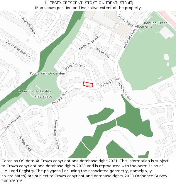 1, JERSEY CRESCENT, STOKE-ON-TRENT, ST3 4TJ: Location map and indicative extent of plot