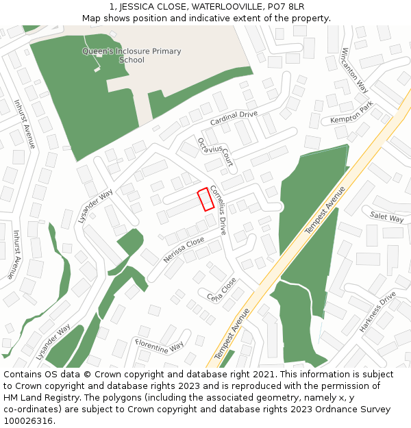 1, JESSICA CLOSE, WATERLOOVILLE, PO7 8LR: Location map and indicative extent of plot