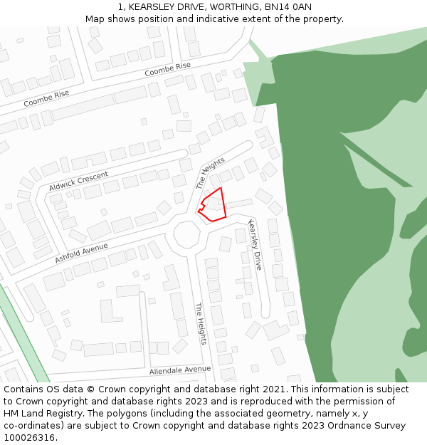 1, KEARSLEY DRIVE, WORTHING, BN14 0AN: Location map and indicative extent of plot