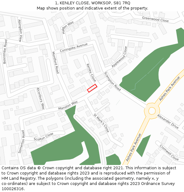 1, KENLEY CLOSE, WORKSOP, S81 7RQ: Location map and indicative extent of plot