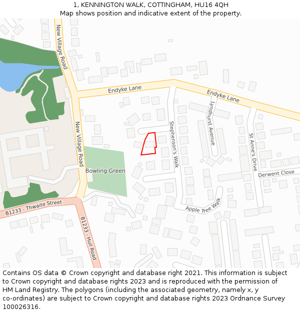 1, KENNINGTON WALK, COTTINGHAM, HU16 4QH: Location map and indicative extent of plot