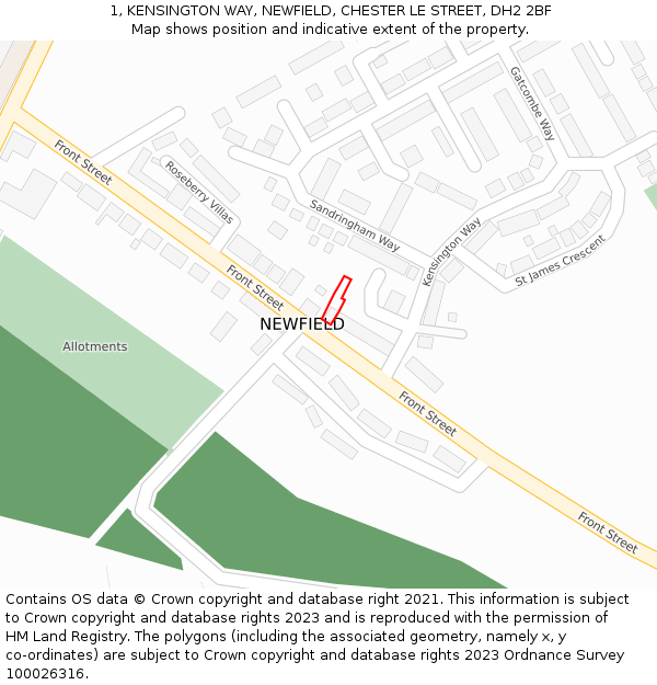 1, KENSINGTON WAY, NEWFIELD, CHESTER LE STREET, DH2 2BF: Location map and indicative extent of plot