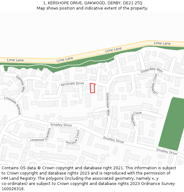1, KERSHOPE DRIVE, OAKWOOD, DERBY, DE21 2TQ: Location map and indicative extent of plot