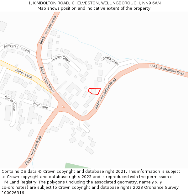 1, KIMBOLTON ROAD, CHELVESTON, WELLINGBOROUGH, NN9 6AN: Location map and indicative extent of plot