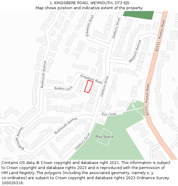 1, KINGSBERE ROAD, WEYMOUTH, DT3 6JS: Location map and indicative extent of plot