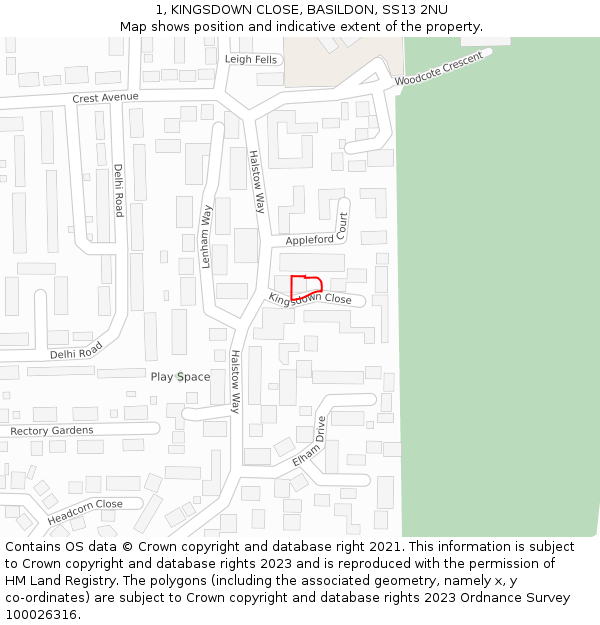 1, KINGSDOWN CLOSE, BASILDON, SS13 2NU: Location map and indicative extent of plot