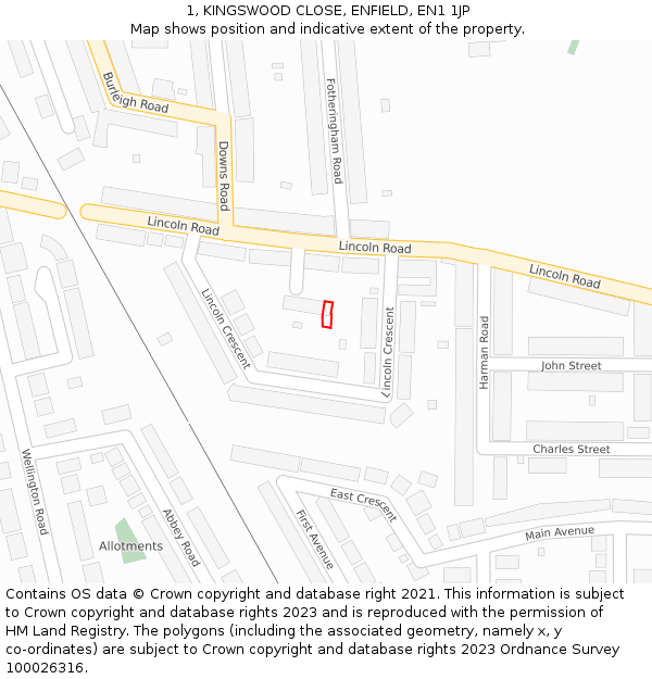 1, KINGSWOOD CLOSE, ENFIELD, EN1 1JP: Location map and indicative extent of plot