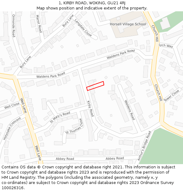 1, KIRBY ROAD, WOKING, GU21 4RJ: Location map and indicative extent of plot